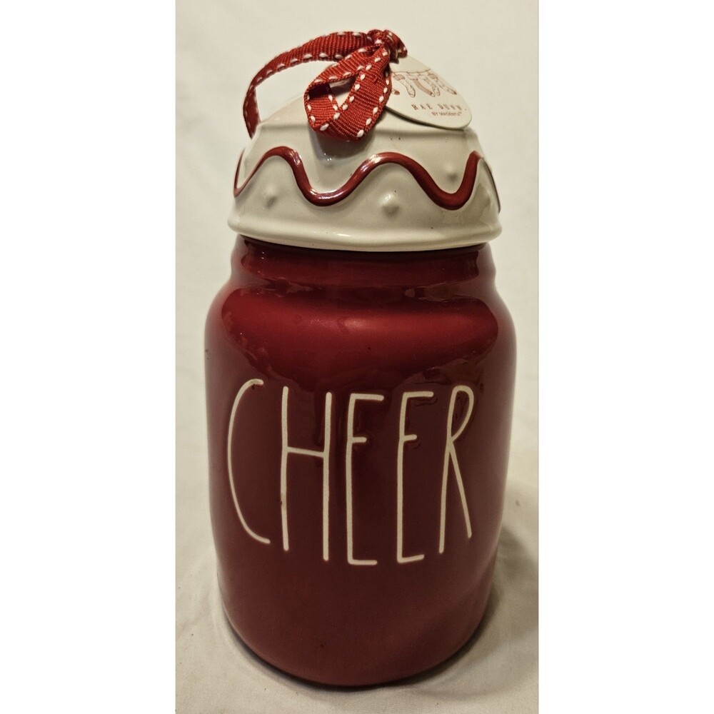 Rae Dunn CHEER Baby Canister Ornamemt Topper Red Christmas Holiday Brand New